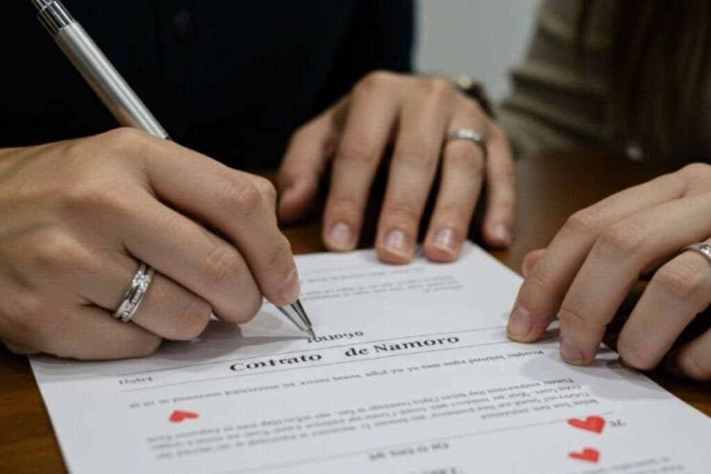 Casal assinando contrato de namoro em cartório
