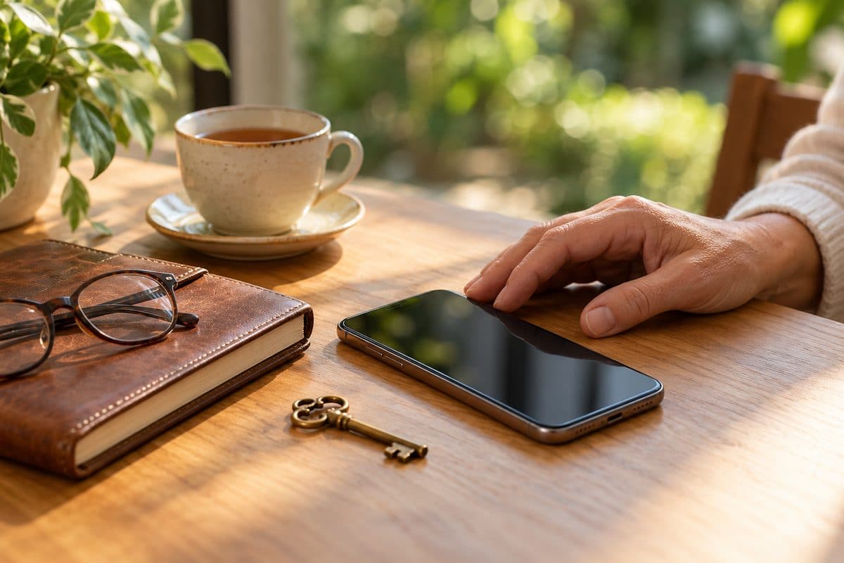 Mão de uma pessoa idosa ao lado de um celular sobre a mesa de madeira, com óculos, caderno de couro, uma chave antiga e uma xícara de chá