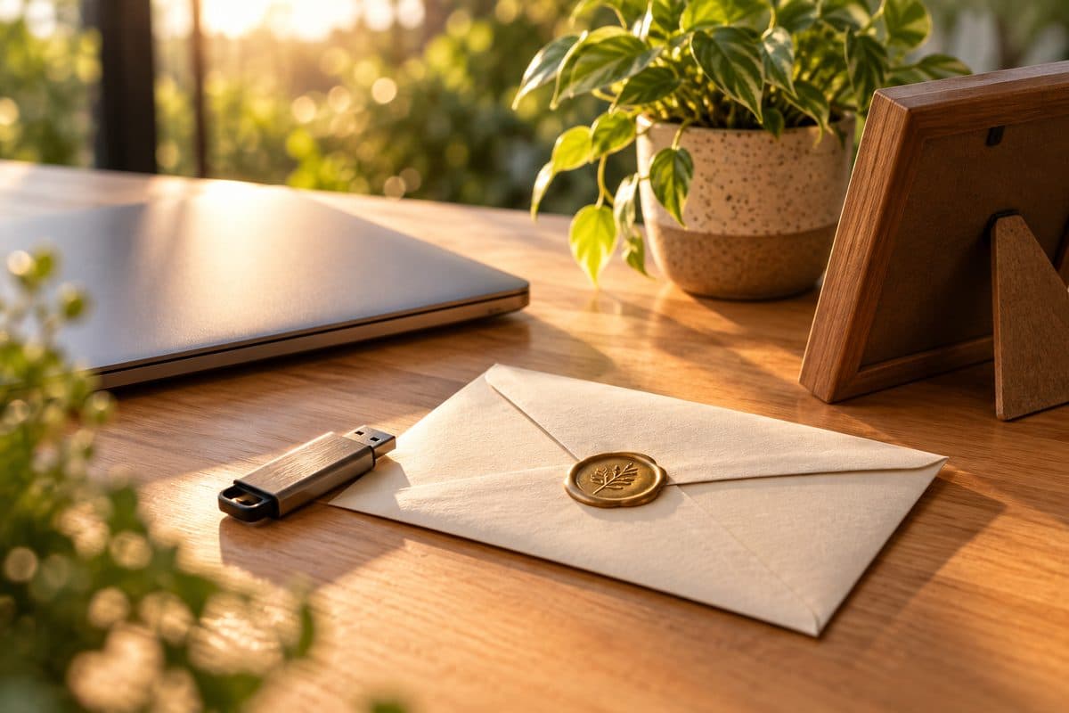 Envelope lacrado com selo de cera dourado e um pen drive sobre a mesa de madeira, ao lado de um notebook fechado, um porta-retratos e uma planta
