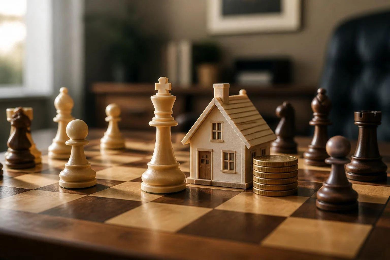 Tabuleiro de xadrez com peças claras e escuras em volta da miniatura de uma casa de madeira e de uma pilha de moedas douradas