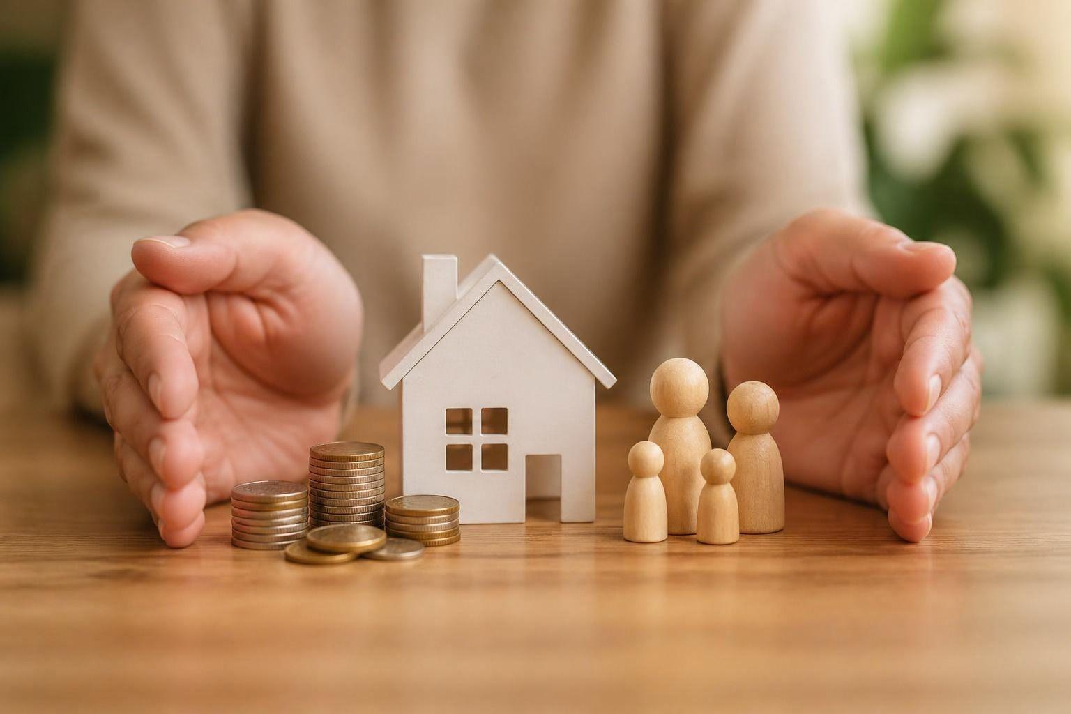 Duas mãos em concha protegendo a miniatura de uma casa branca, pilhas de moedas e uma família de bonecos de madeira sobre a mesa