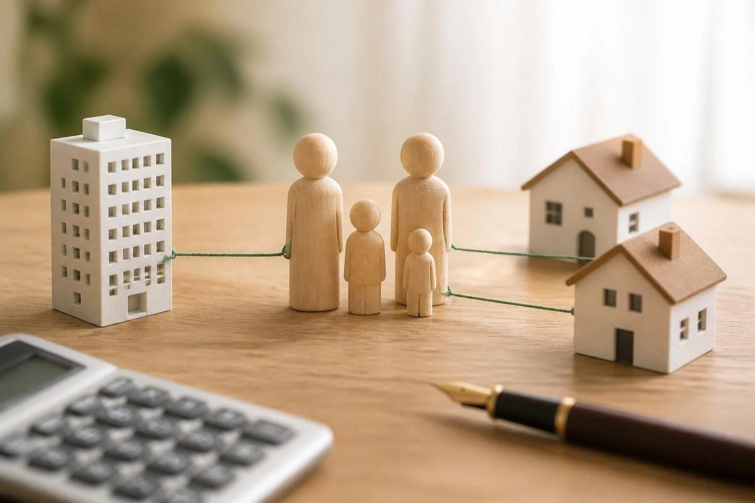 Bonecos de madeira de uma família ligados por fios a um prédio e a duas casas em miniatura, com uma calculadora e uma caneta-tinteiro na mesa