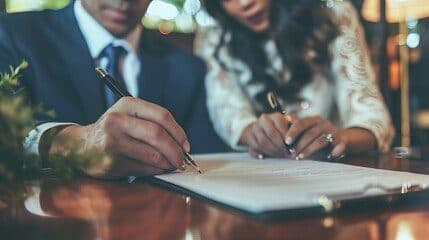 Alianças de casamento sobre documento representando o pacto antenupcial